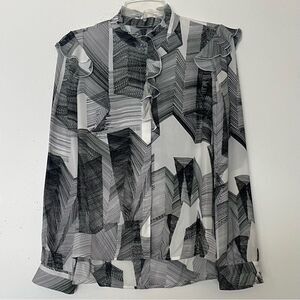 Go by GoSilk Ruffle Blouse XS Black White Washable Silk Long Sleeve Top Flutter